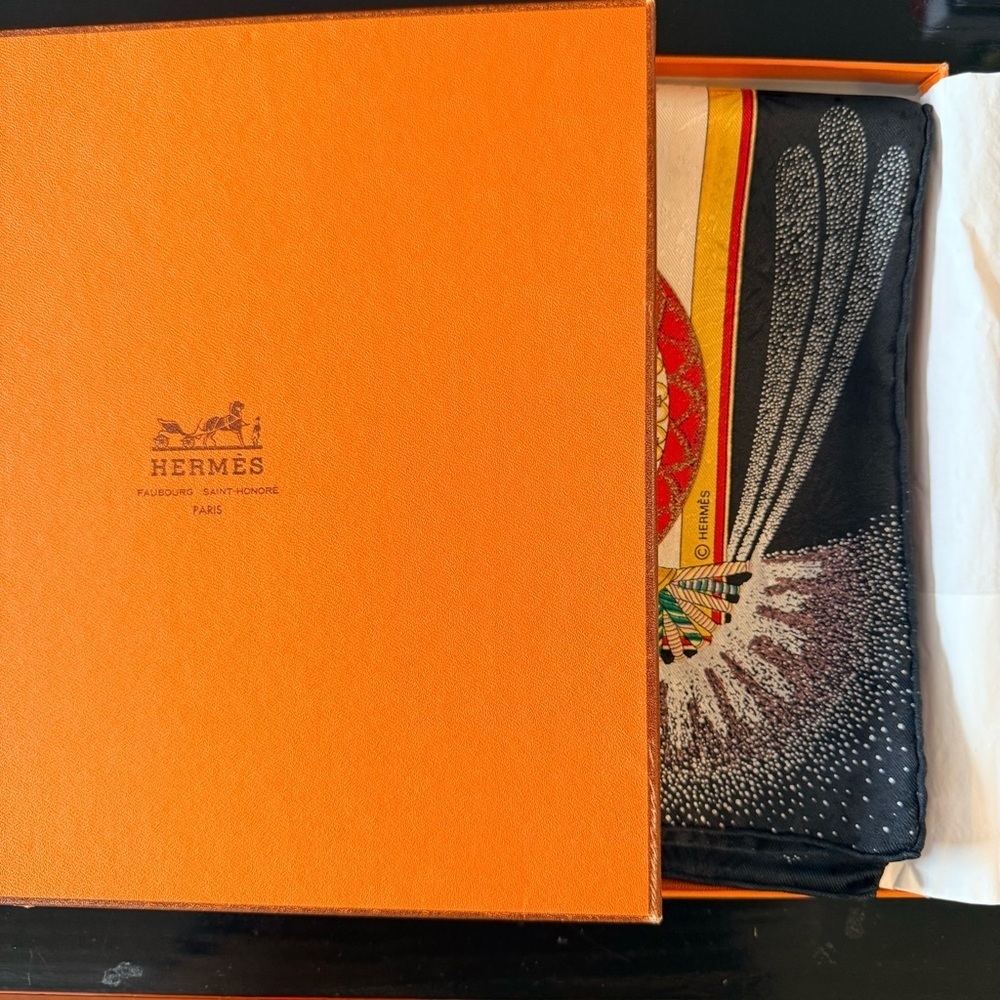 Hermes Feux d'Artifice 100% Silk Scarf in Black Red White and Gold - Picture 8 of 10